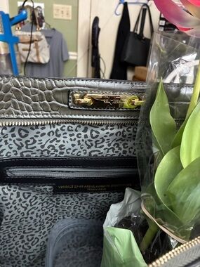 Versace Olive Croc-Embossed Tote with Leopard-Print Interior and Gold Hardware